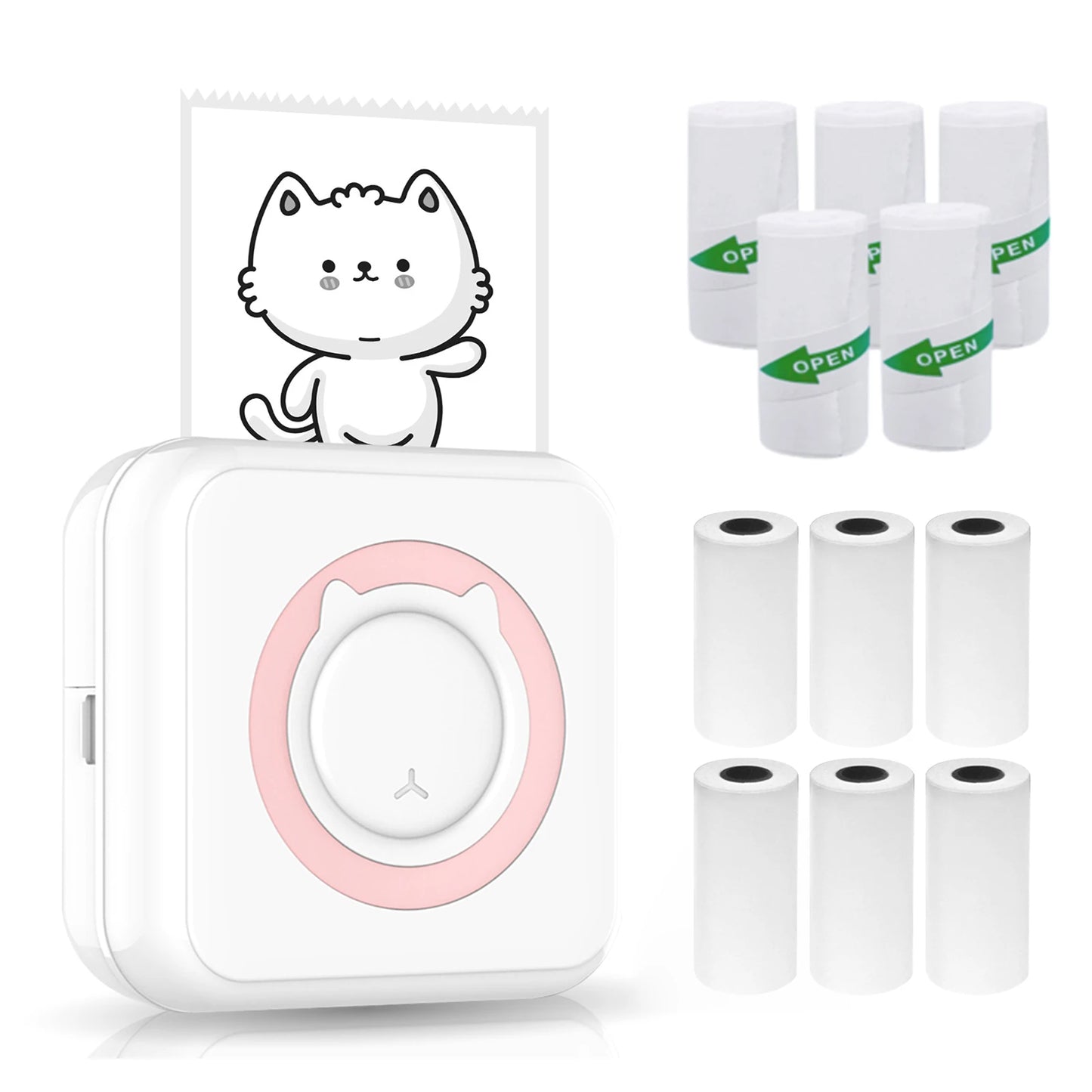 Portable Printer Wireless Instant Mini Printer Support BT for Smartphone with 6 Thermal Paper Rolls and 5 Self-adhesive Paper