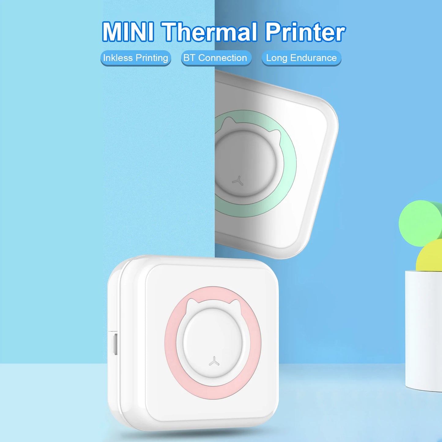 Portable Printer Wireless Instant Mini Printer Support BT for Smartphone with 6 Thermal Paper Rolls and 5 Self-adhesive Paper